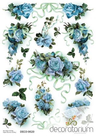 Papier ryżowy A4 DECO -0020  Niebieskie róże-kokardki